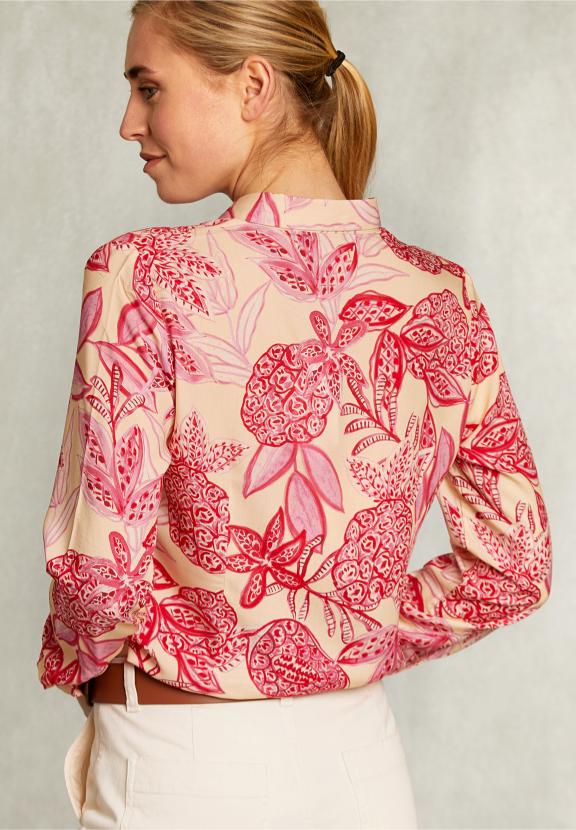 Beige/Red Floral Blouse Long Sleeves - Rose