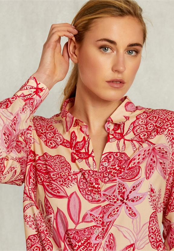 Beige/Red Floral Blouse Long Sleeves - Rose