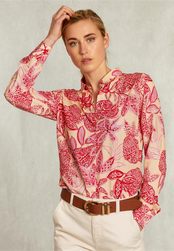 Beige/Red Floral Blouse Long Sleeves - Rose