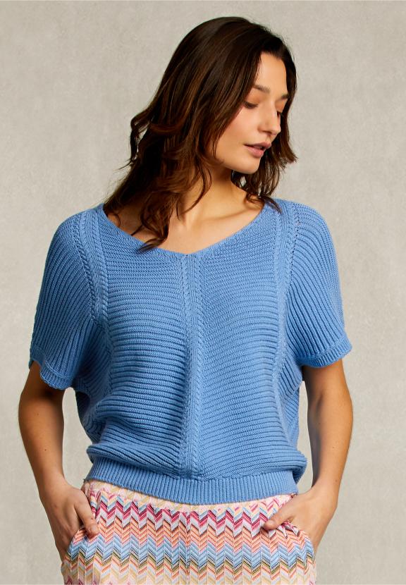 Blue V-Neck Sweater Short Sleeves - Bleu