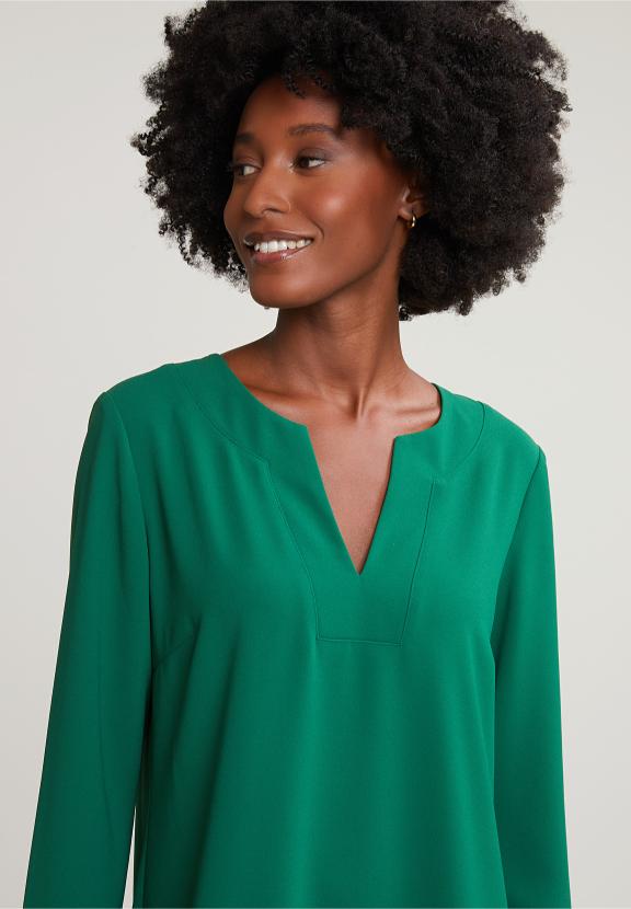 Green V-Neck Dress Long Sleeves - Vert
