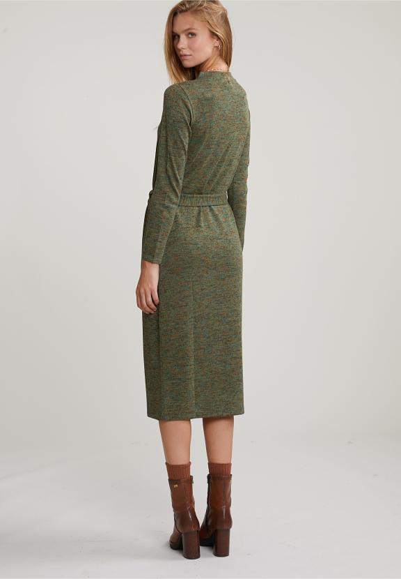 Khaki Belted Glitter Dress Long Sleeves - Marron