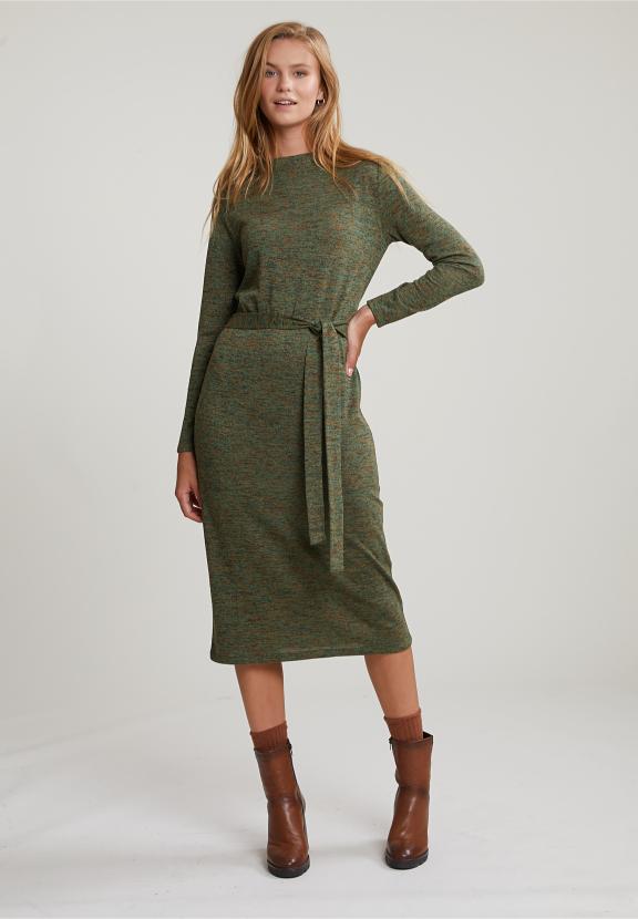Khaki Belted Glitter Dress Long Sleeves - Marron
