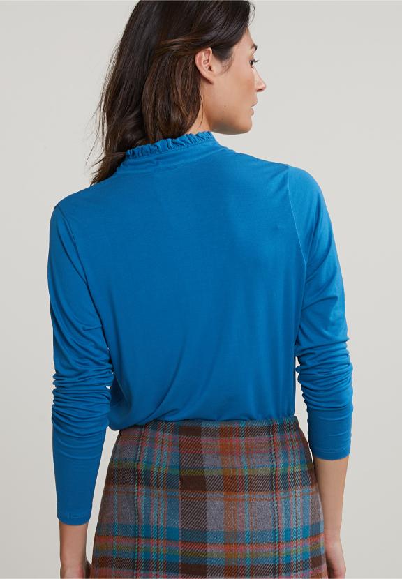 Petrol V-Neck T-Shirt Ruffle Collar - Bleu