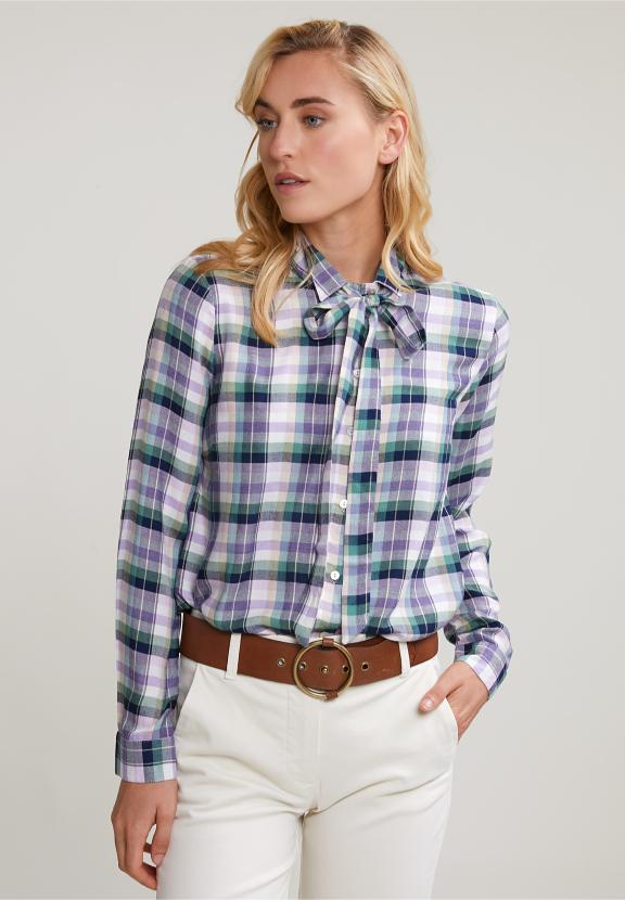 Green/Purple Checked Blouse Fancy Collar - Bleu