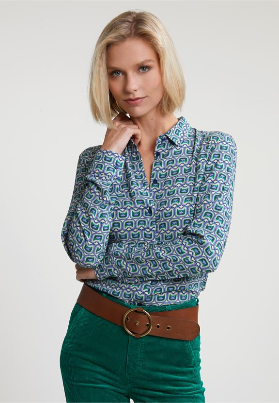 Green/Beige Fantasy Blouse Long Sleeves - Bleu