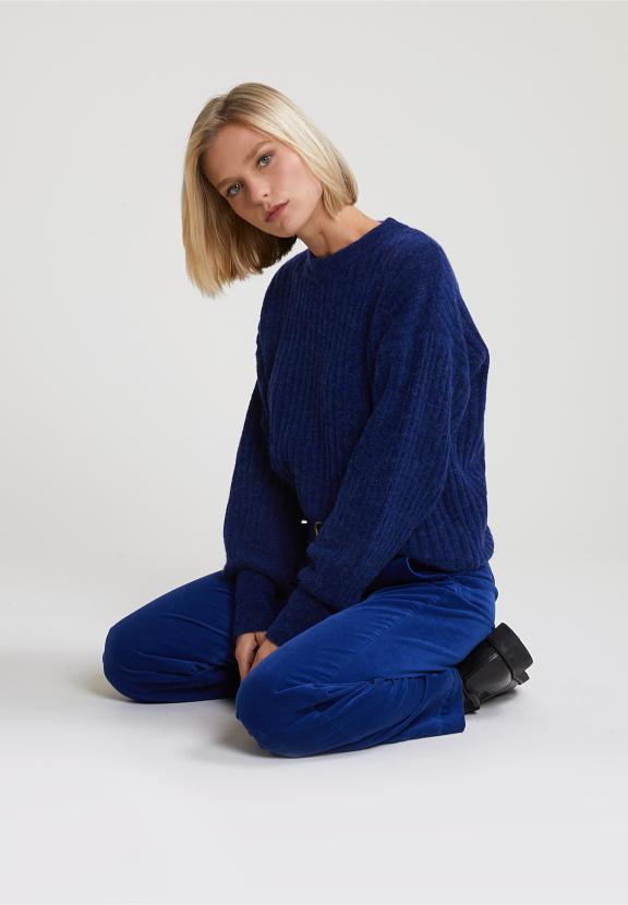 Blue Ribbed Crew Neck Sweater - Bleu