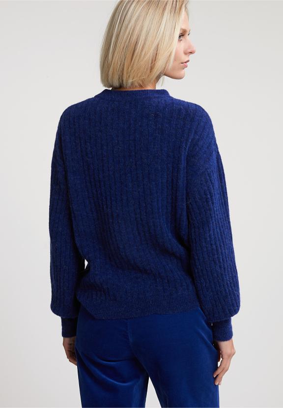 Blue Ribbed Crew Neck Sweater - Bleu