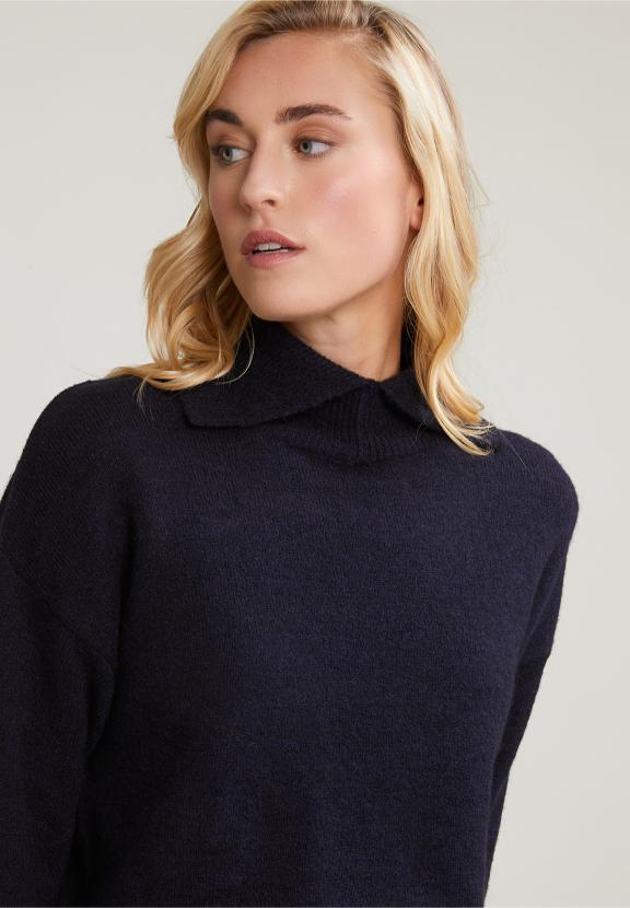 Navy Mock Neck Sweater Long Sleeves - Bleu