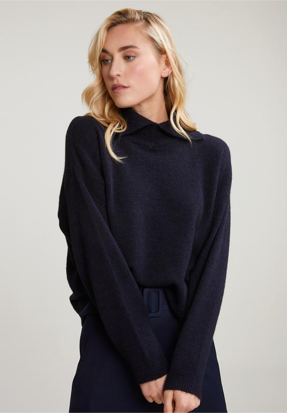 Navy Mock Neck Sweater Long Sleeves - Bleu