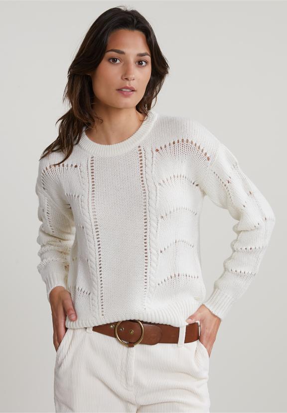 Off White Woolen Crew Neck Sweater - Blanc