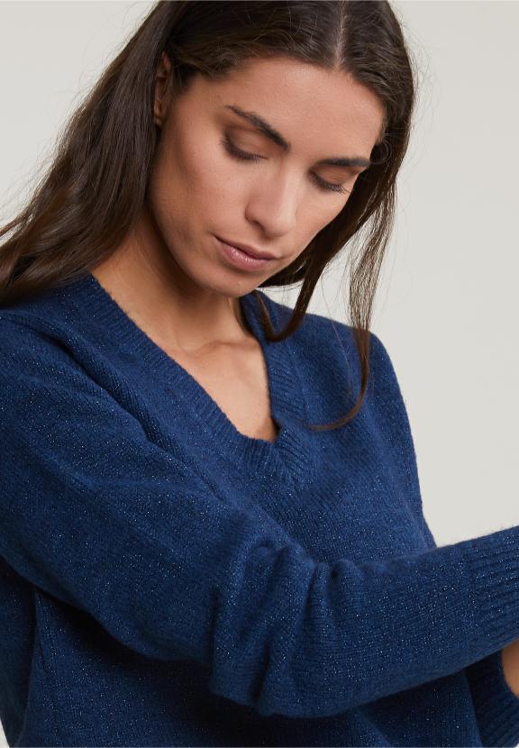 Blue V-Neck Lurex Sweater Long Sleeves - Bleu