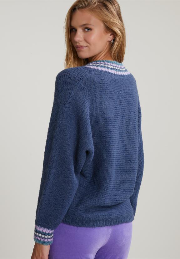 Blue Sweater Striped V-Neck - Bleu