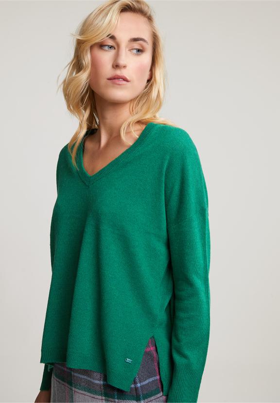 Green Basic V-Neck Sweater Long Sleeves - Vert