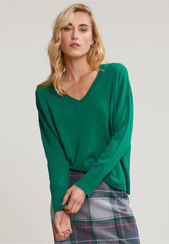 Green Basic V-Neck Sweater Long Sleeves - Vert
