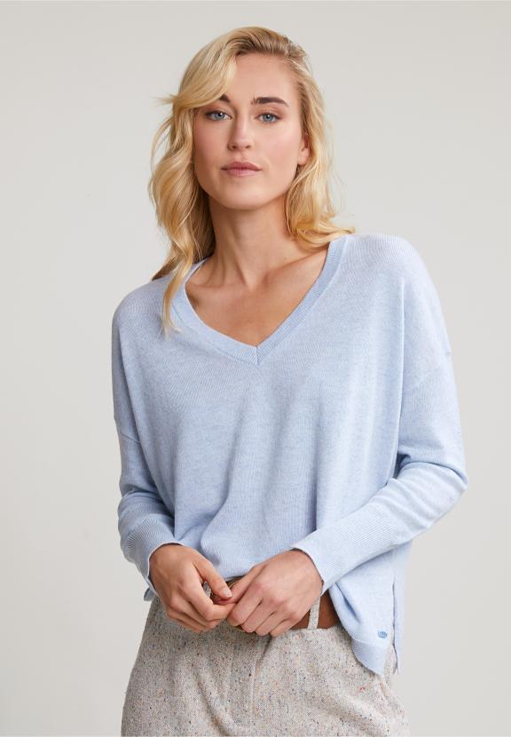 Light Blue Basic V-Neck Sweater Long Sleeves - Bleu