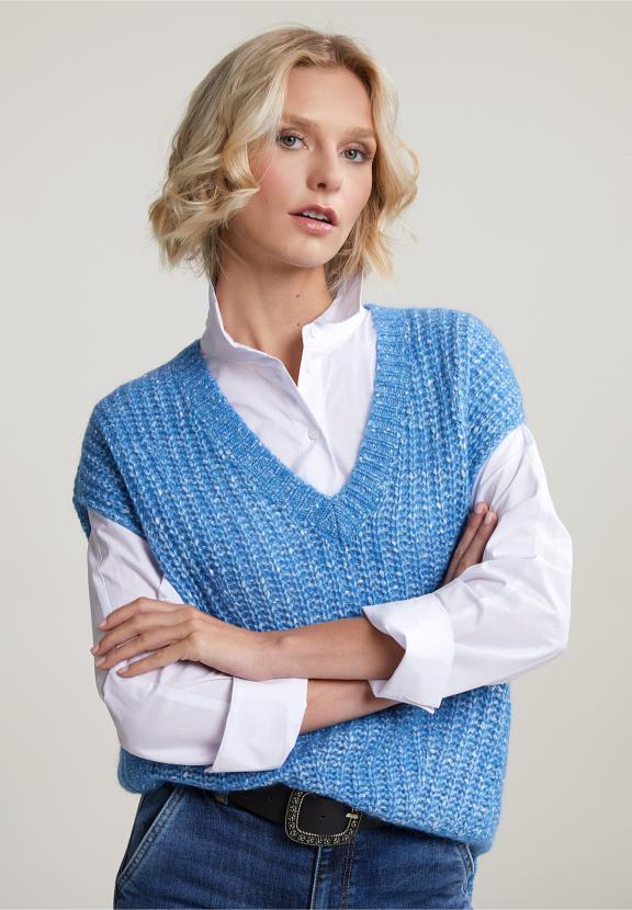 Blue V-Neck Cotton-Alpaca Spencer - Bleu