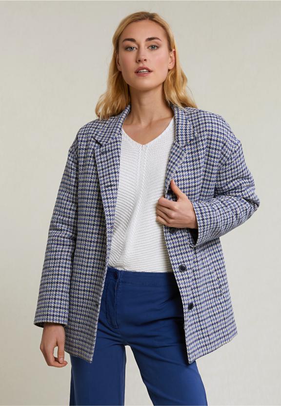 Blue/Beige Checked Coat Mock Neck - Multi