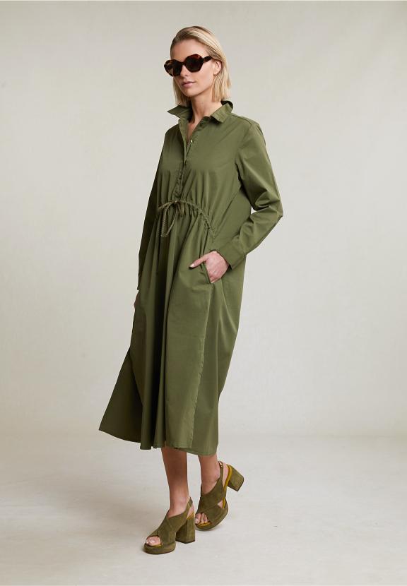 Khaki Long Loose Dress With Drawstring - Vert