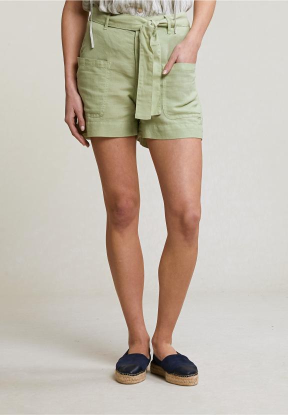 Olive Green Linen-Cotton Belted Short Applied Pockets - Vert