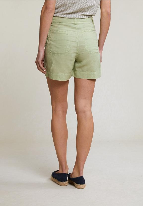 Olive Green Linen-Cotton Belted Short Applied Pockets - Vert
