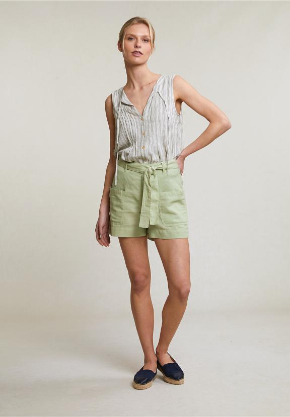 Olive Green Linen-Cotton Belted Short Applied Pockets - Vert