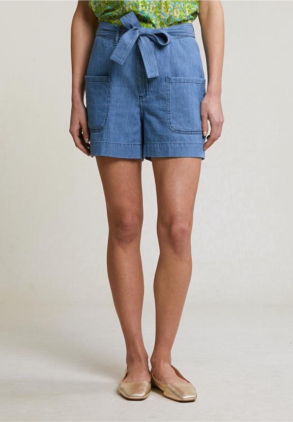 Blue Cotton Belted Short Applied Pockets - Denim