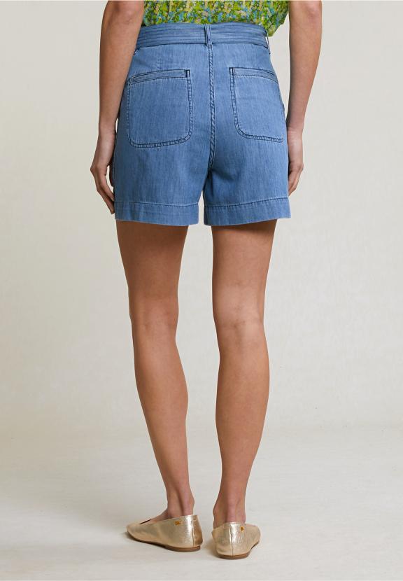 Blue Cotton Belted Short Applied Pockets - Denim
