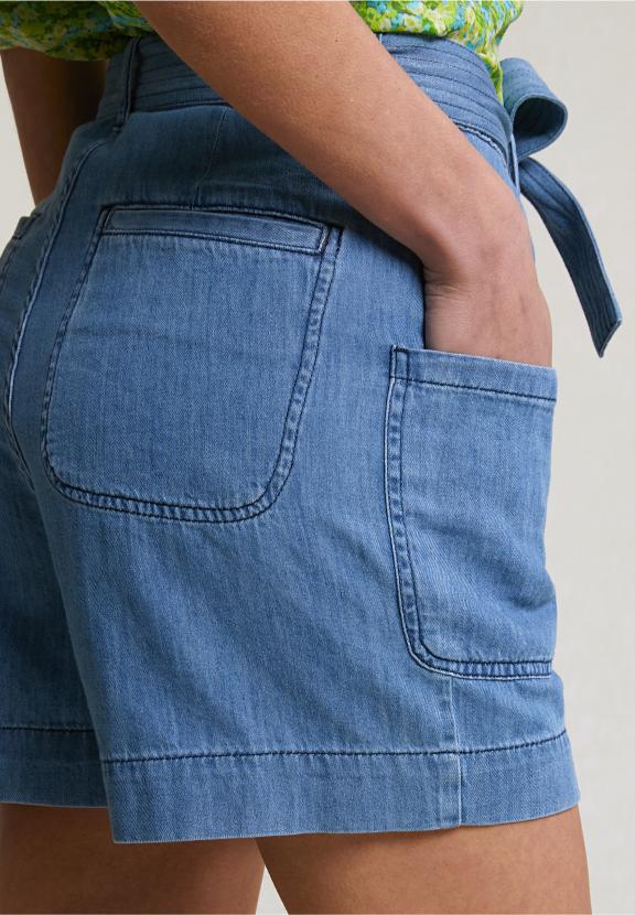 Blue Cotton Belted Short Applied Pockets - Denim