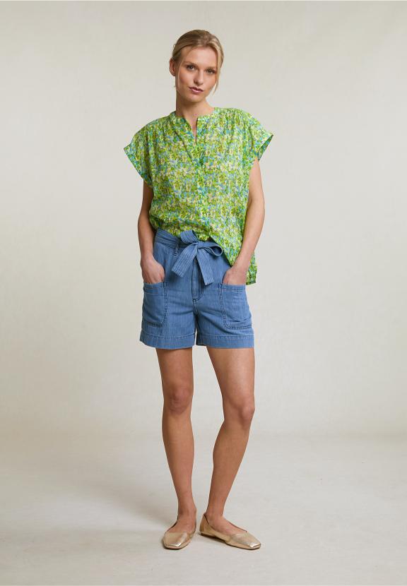 Blue Cotton Belted Short Applied Pockets - Denim