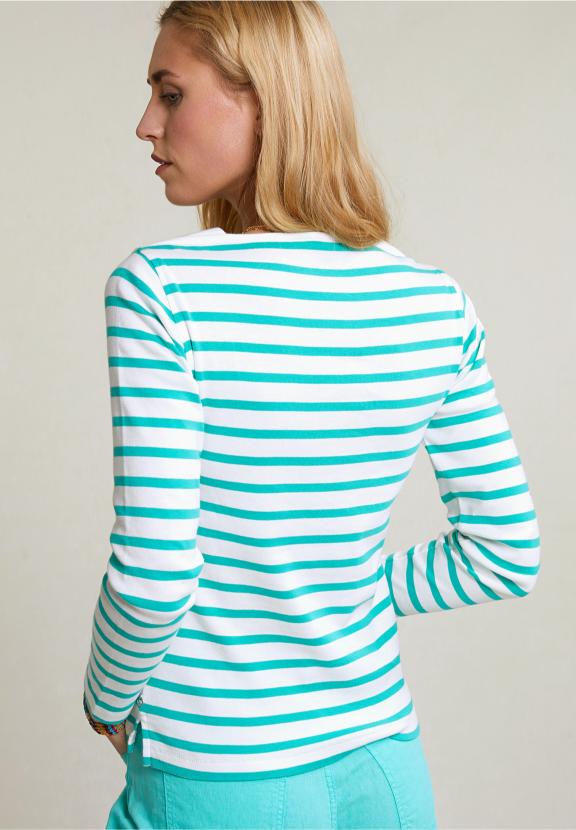 Off White/Green Striped T-Shirt Long Sleeves - Blanc