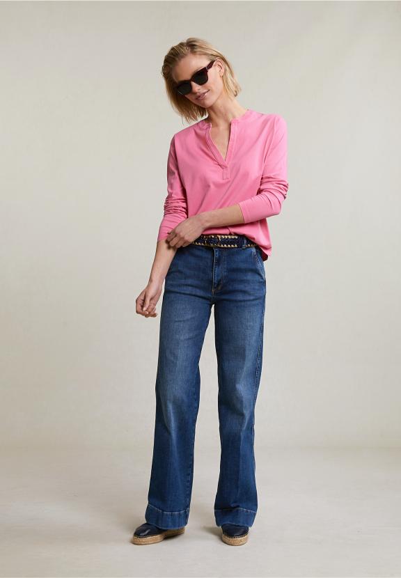 Pink V-Neck T-Shirt Long Sleeves - Rose