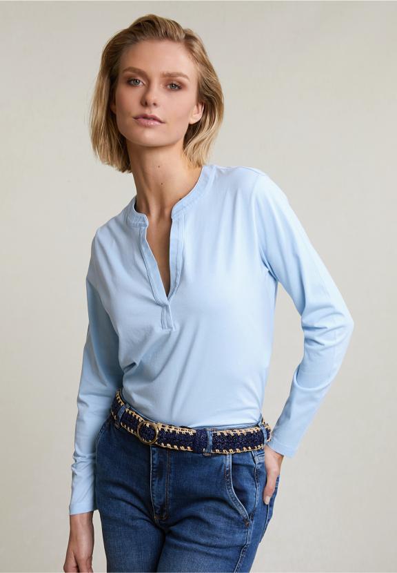 Light Blue V-Neck T-Shirt Long Sleeves - Bleu