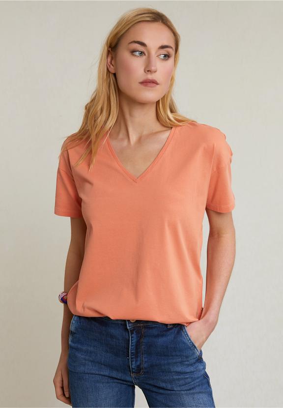 Orange Basic V-Neck T-Shirt Short Sleeves - Orange