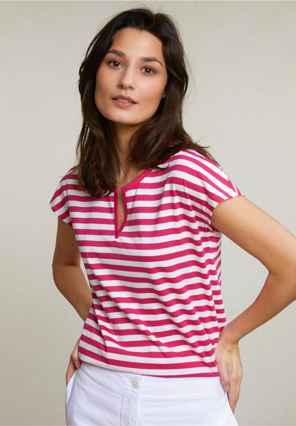 Fuchsia/White Striped V-Neck T-Shirt - Rose