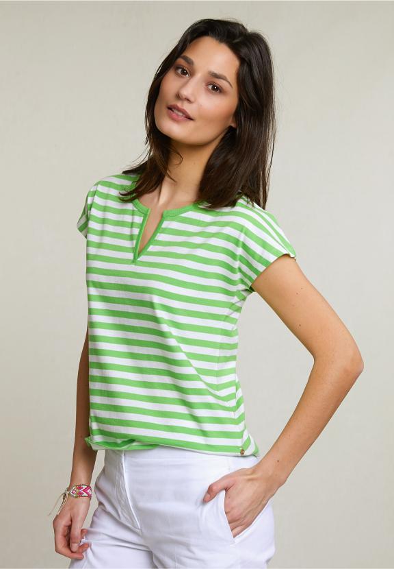 Green/White Striped V-Neck T-Shirt - Vert