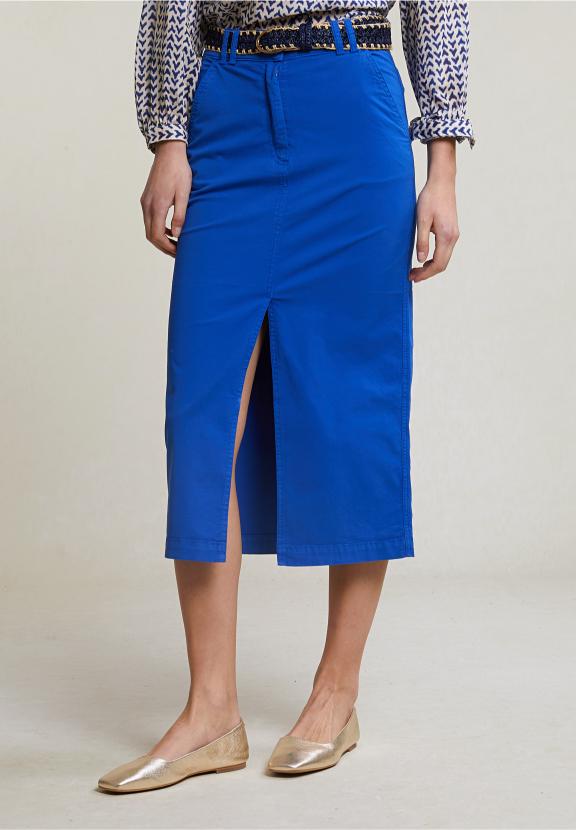 Blue Midi Stretch Skirt With Split - Bleu
