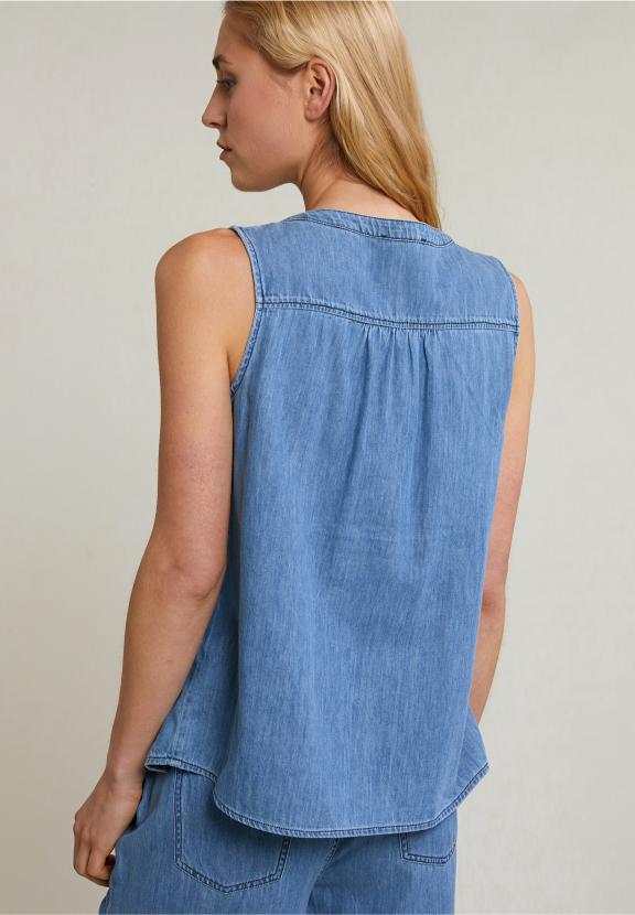 Denim Buttoned Top With Bow - Denim