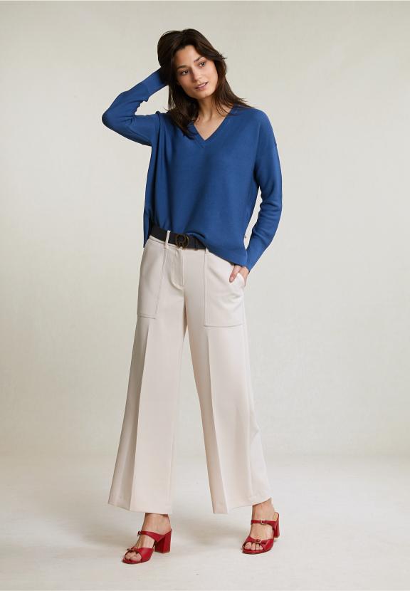 Blue Basic V-Neck Sweater Long Sleeves - Bleu