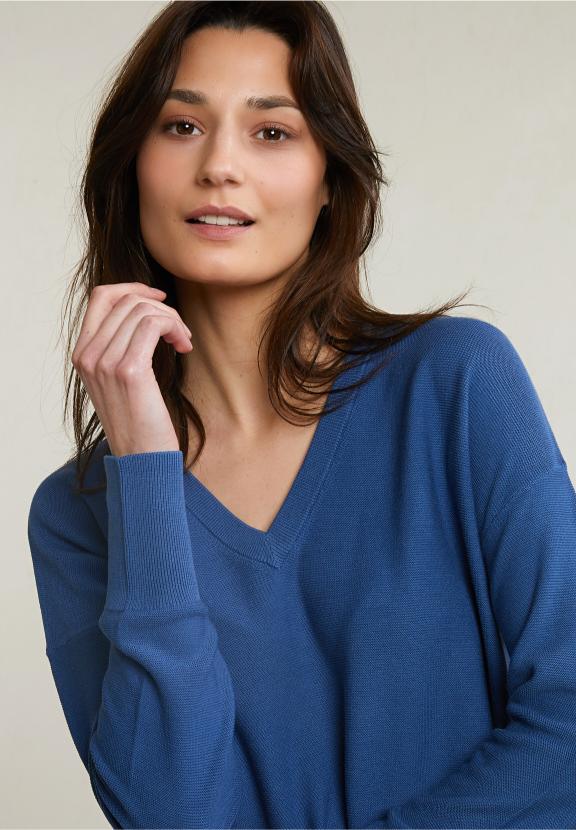 Blue Basic V-Neck Sweater Long Sleeves - Bleu
