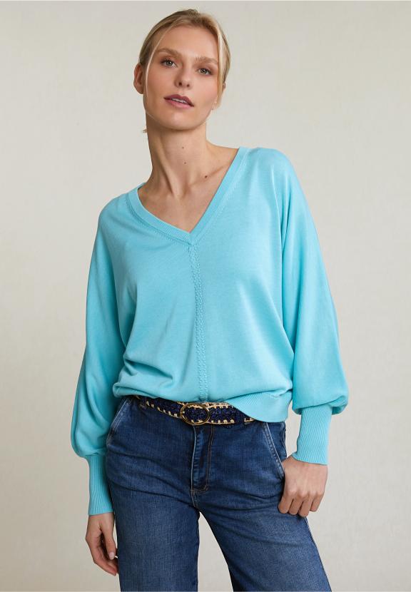 Turquoise V-Neck Sweater Long Sleeves - Bleu