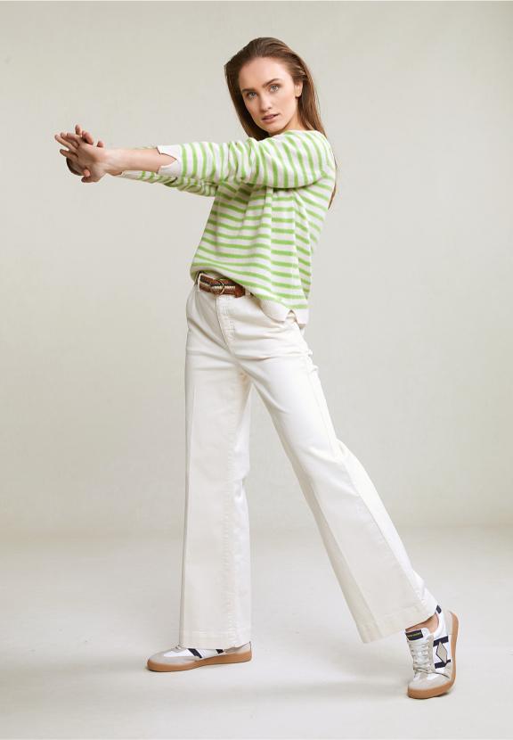 Cream/Green Striped Crew Neck Sweater - Vert