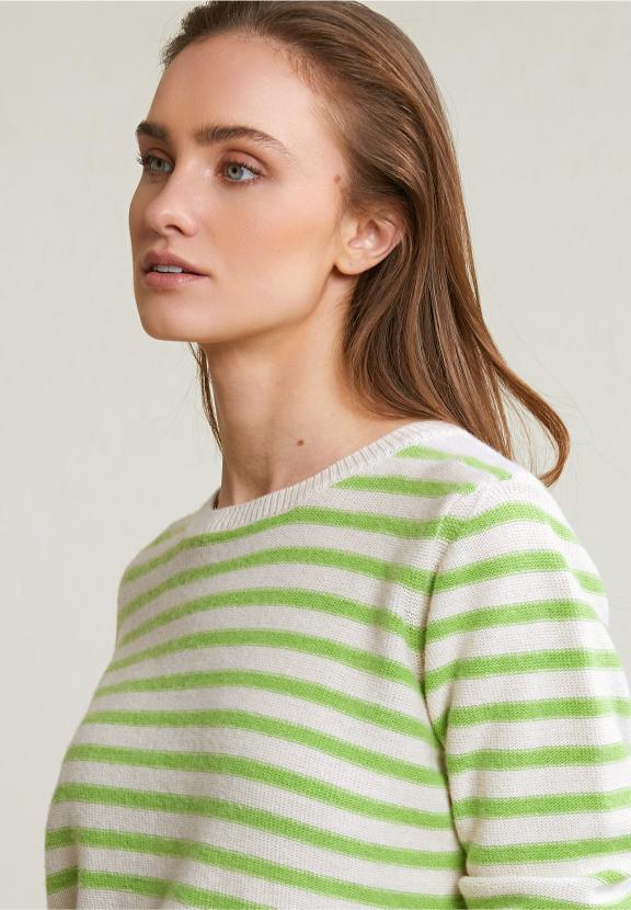 Cream/Green Striped Crew Neck Sweater - Vert