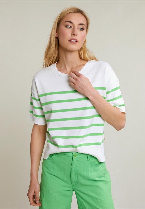 Off White/Green Stiped Sweater Short Sleeves - Vert