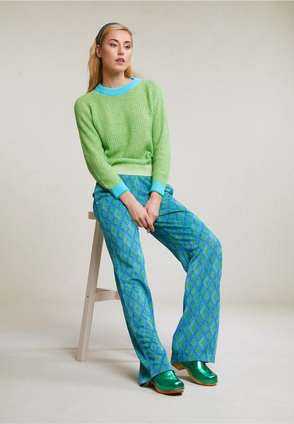 Green/Blue Crew Neck Sweater Long Sleeves - Vert
