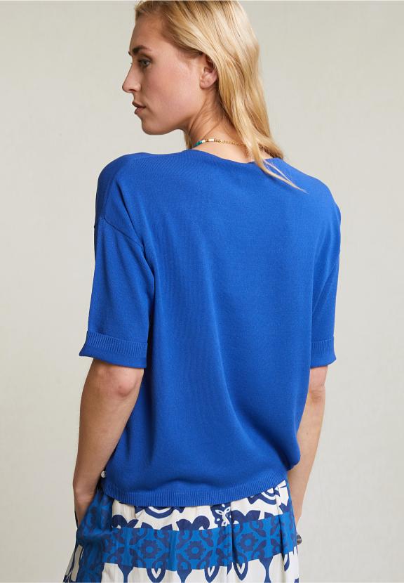 Blue V-Neck Viscose Sweater Short Sleeves - Bleu
