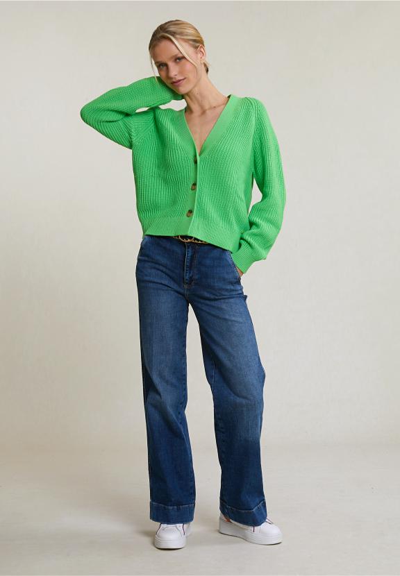 Green Buttoned V-Neck Cardigan Long Sleeves - Vert