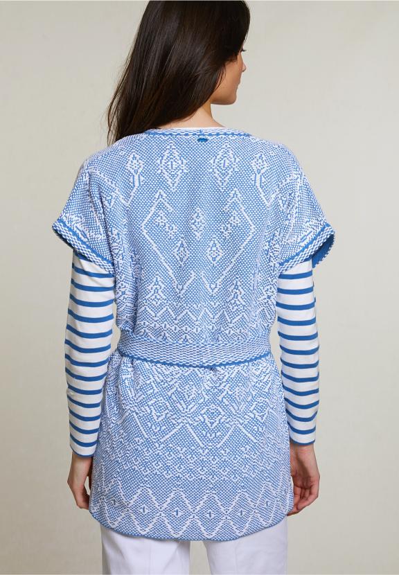 Blue/White Sleeveless Kimono With Belt - Bleu