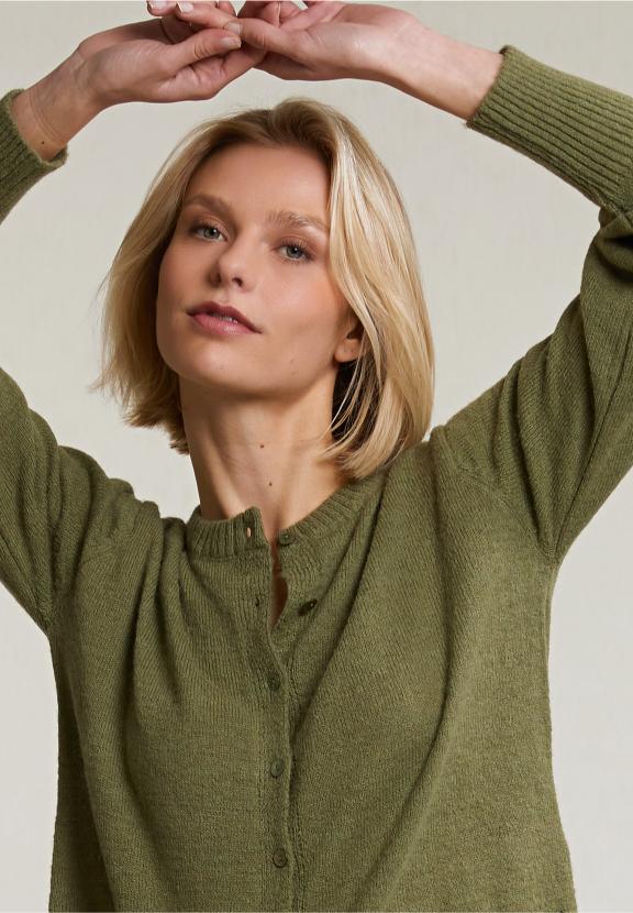 Khaki Buttoned Crew Neck Cardigan - Vert