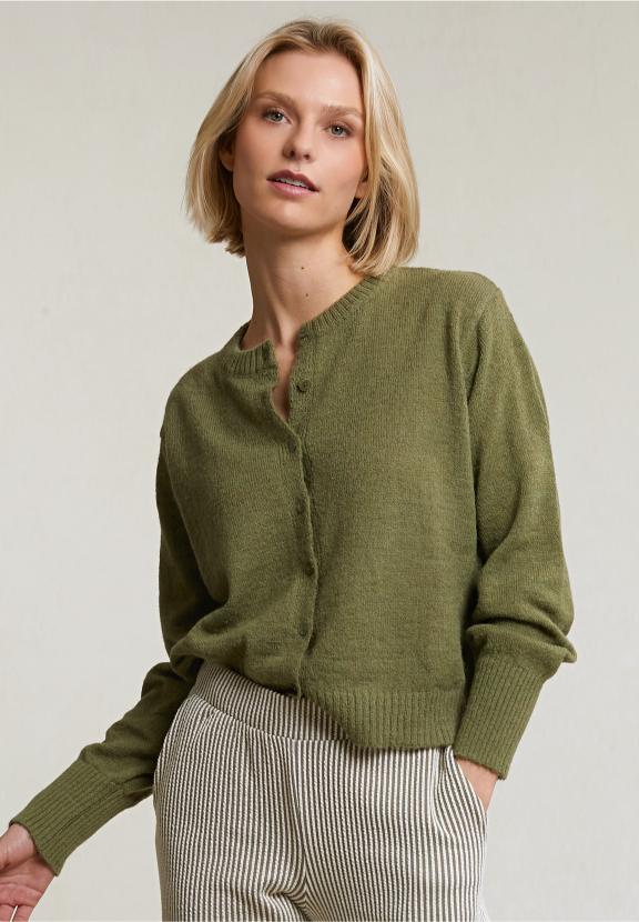 Khaki Buttoned Crew Neck Cardigan - Vert